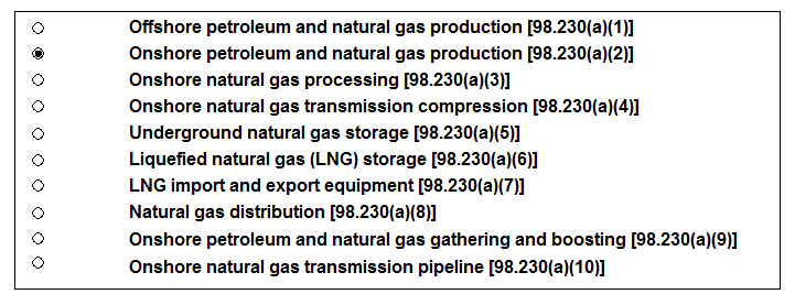 Image of table to select the applicable industry segment